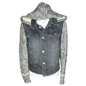 Free People Knit Hoodie Denim Jacket Black Grey Layered Boho Womens Small